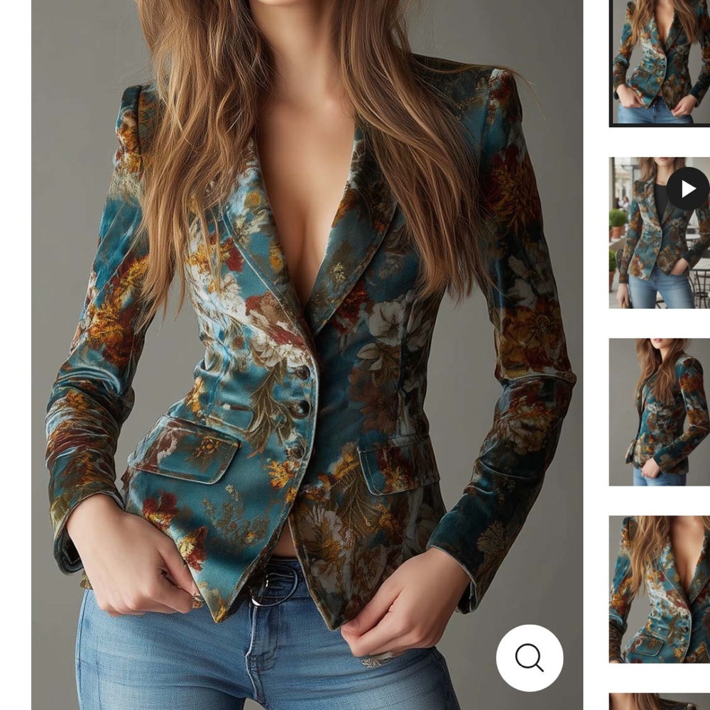 Vintage inspired Floral Velvet Blazer Jacket - Teal size Small - Picture 2 of 9